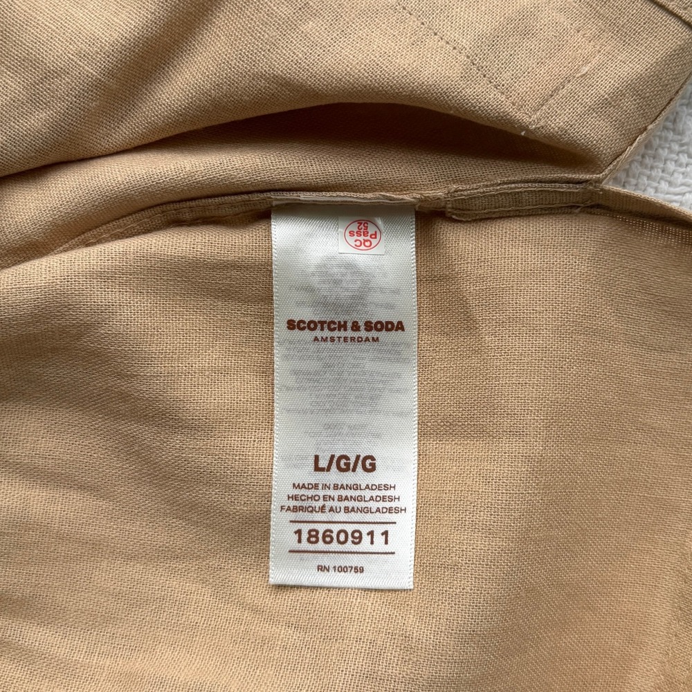 Scotch & Soda Tan Linen Blend Pintuck Pleated Short Sleeve Shirt Mens Large - Picture 8 of 9